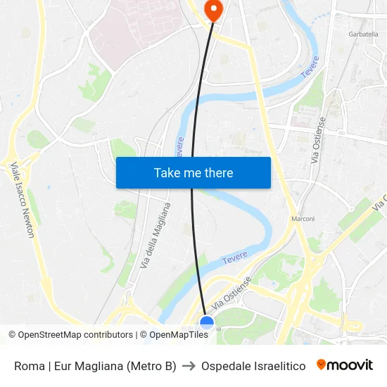Roma | Eur Magliana (Metro B) to Ospedale Israelitico map