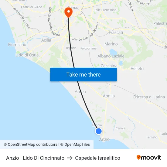 Anzio | Cincinnato Beach to Israelitic Hospital map