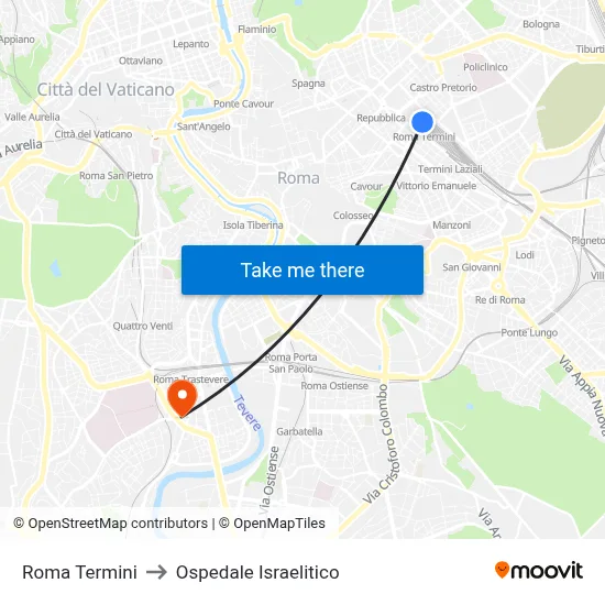 Roma Termini to Ospedale Israelitico map