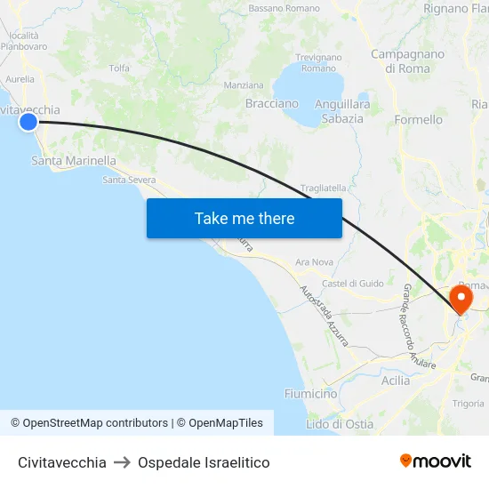 Civitavecchia to Ospedale Israelitico map