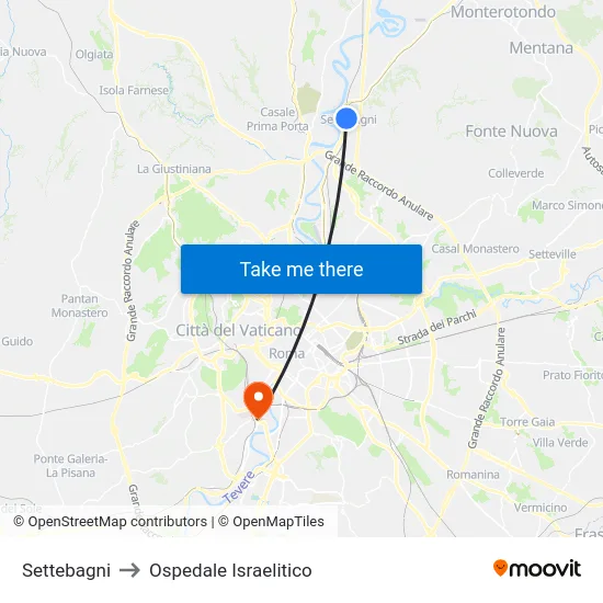 Settebagni to Ospedale Israelitico map