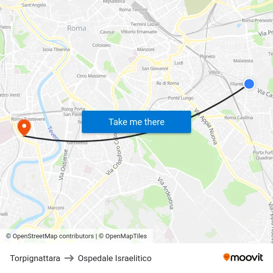 Torpignattara to Ospedale Israelitico map