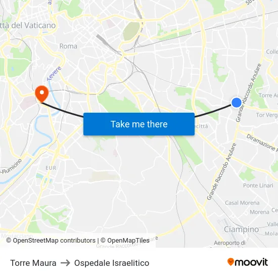 Torre Maura to Ospedale Israelitico map