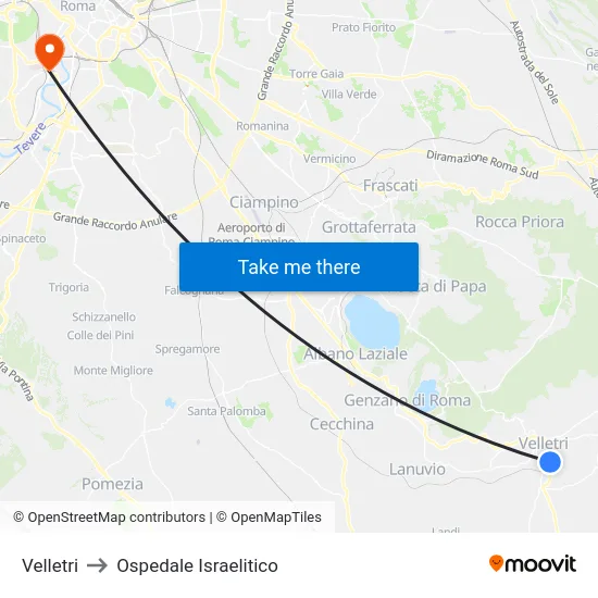 Velletri to Ospedale Israelitico map