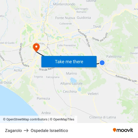 Zagarolo to Ospedale Israelitico map