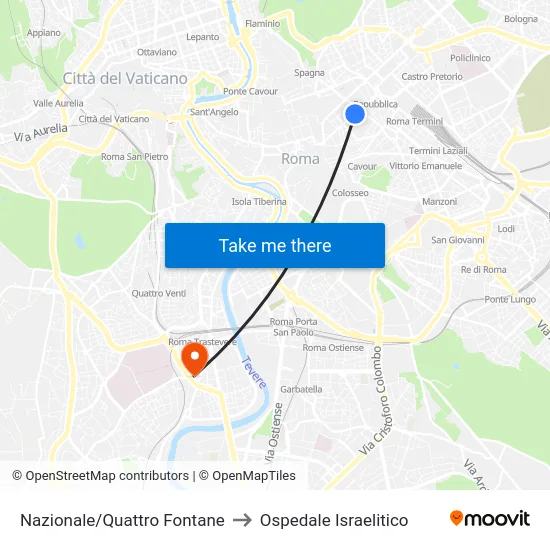 Nazionale/Quattro Fontane to Ospedale Israelitico map
