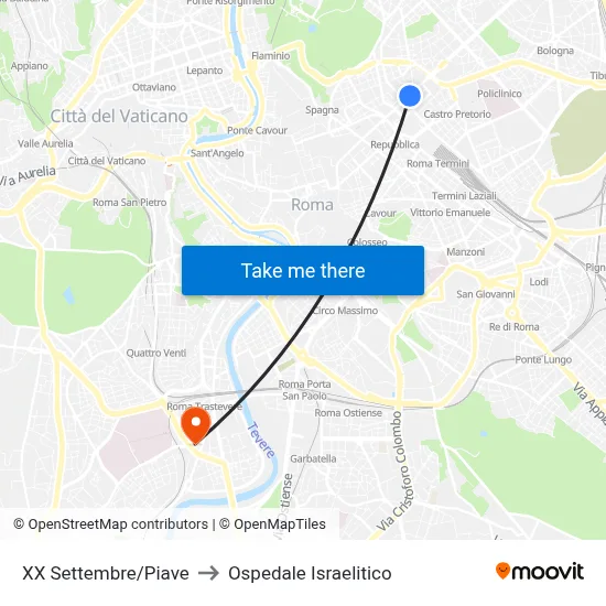 XX Settembre/Piave to Ospedale Israelitico map