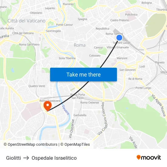 Giolitti to Ospedale Israelitico map