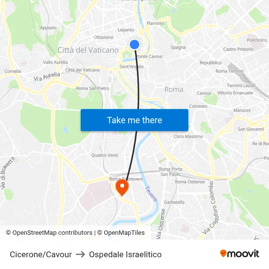 Cicerone/Cavour to Israelitic Hospital map