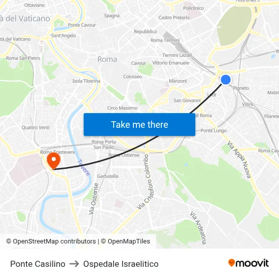 Ponte Casilino to Ospedale Israelitico map