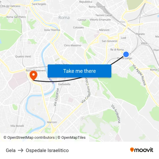 Gela to Ospedale Israelitico map