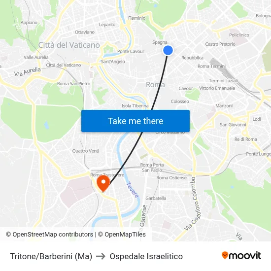 Tritone/Barberini (Ma) to Ospedale Israelitico map