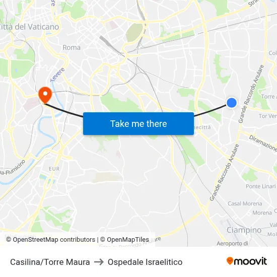 Casilina/Torre Maura to Ospedale Israelitico map