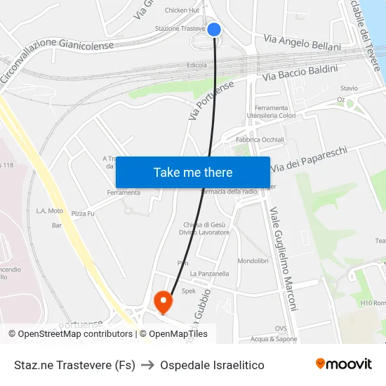 Trastevere Station (Rail) to Israelitic Hospital map
