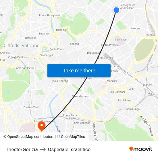 Trieste/Gorizia to Ospedale Israelitico map