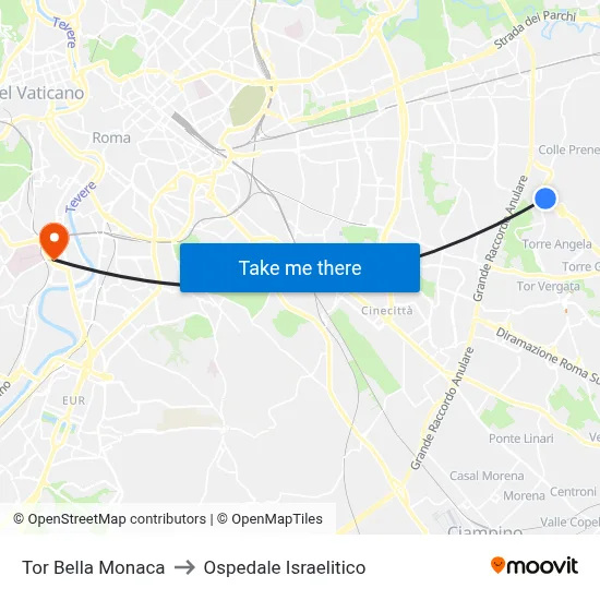 Tor Bella Monaca to Ospedale Israelitico map