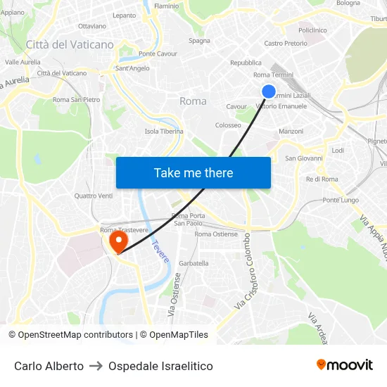 Carlo Alberto to Ospedale Israelitico map