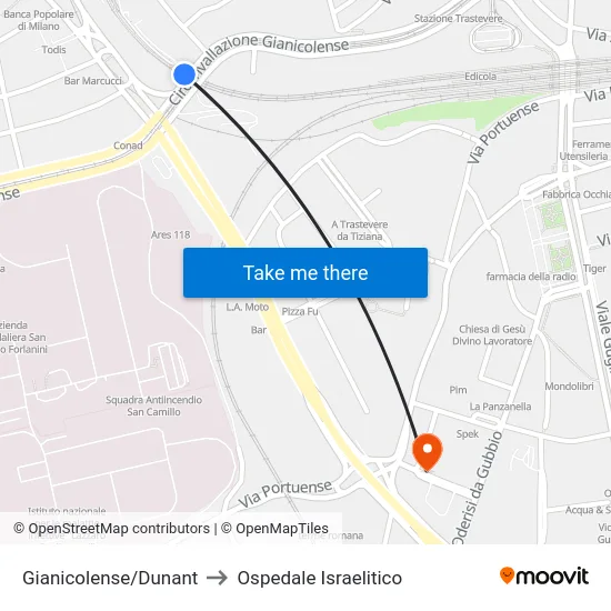 Gianicolense/Dunant to Ospedale Israelitico map