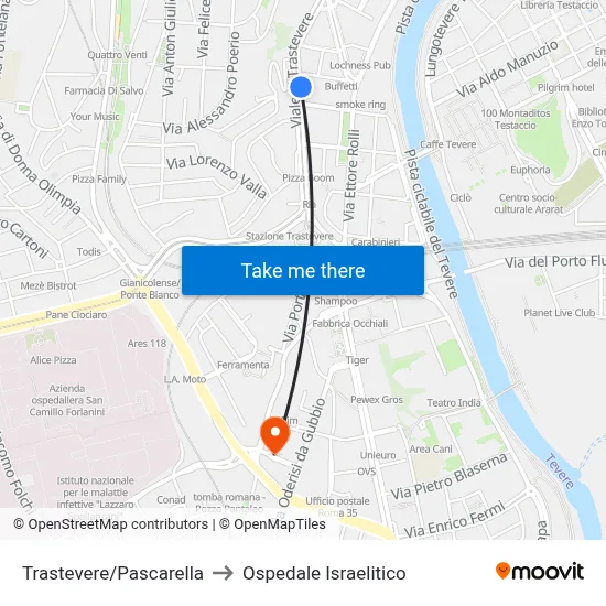 Trastevere/Pascarella to Israelitic Hospital map