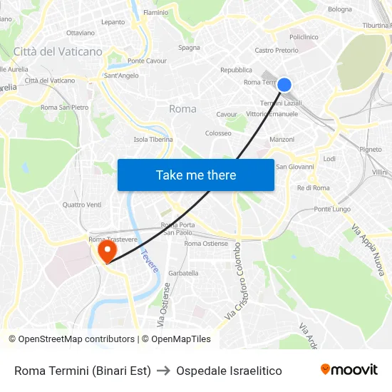 Roma Termini (Binari Est) to Ospedale Israelitico map