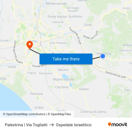 Palestrina | Via Togliatti to Ospedale Israelitico map