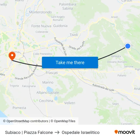 Subiaco | Piazza Falcone to Ospedale Israelitico map