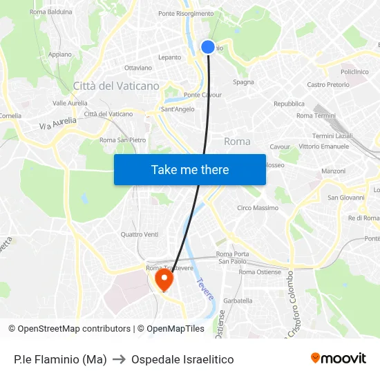 Piazzale Flaminio (Metro) to Israelitic Hospital map