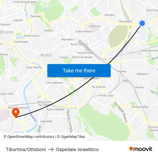 Tiburtina/Ottoboni to Ospedale Israelitico map