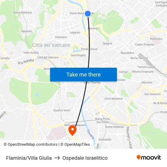 Flaminia/Villa Giulia to Israelitic Hospital map