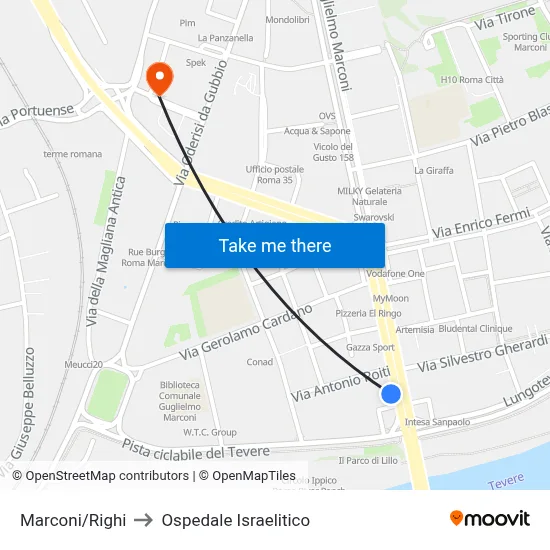 Marconi/Righi to Israelitic Hospital map