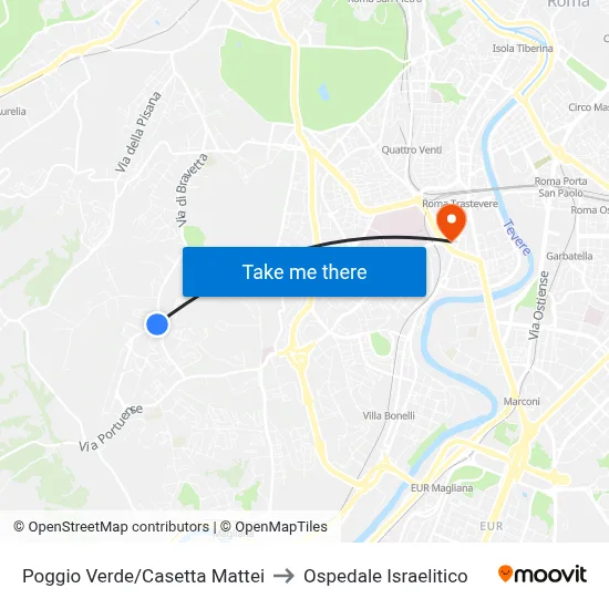 Poggio Verde/Casetta Mattei to Ospedale Israelitico map