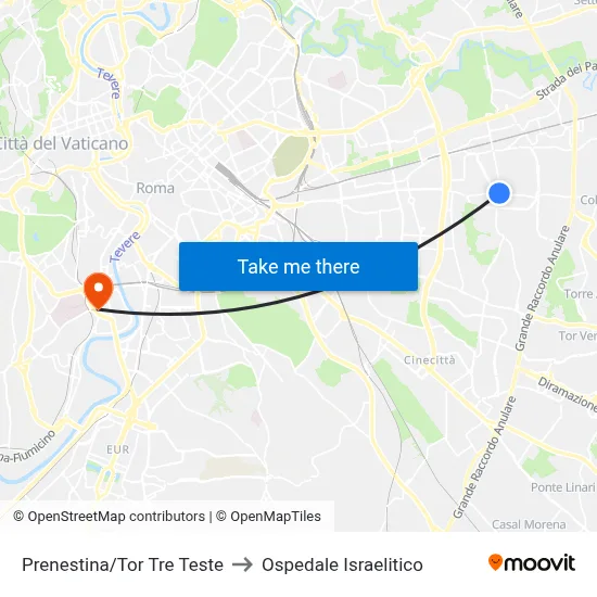 Prenestina/Tor Tre Teste to Ospedale Israelitico map