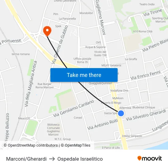Marconi/Gherardi to Ospedale Israelitico map