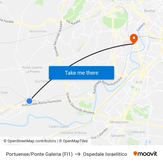 Portuense/Ponte Galeria (FL1) to Israelitic Hospital map