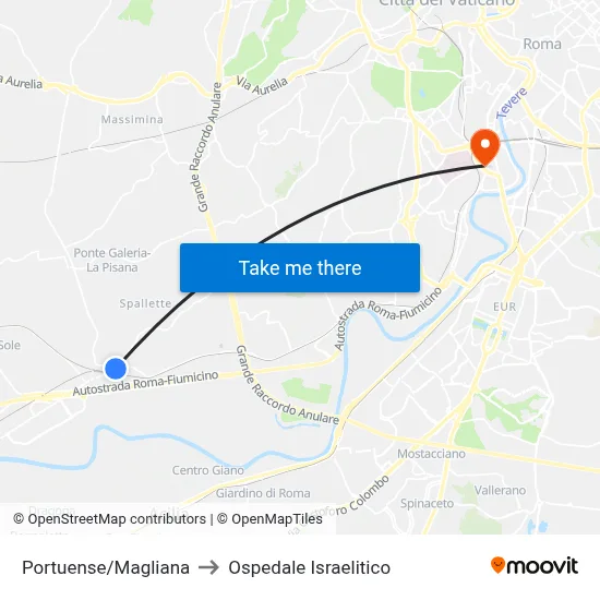 Portuense/Magliana to Israelitic Hospital map