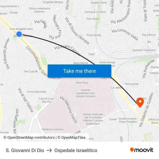 S. Giovanni Di Dio to Ospedale Israelitico map