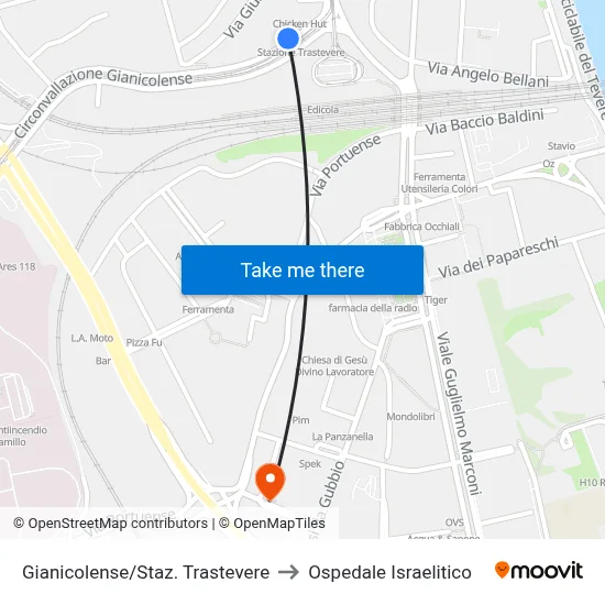 Gianicolense/Trastevere Station to Israelitic Hospital map