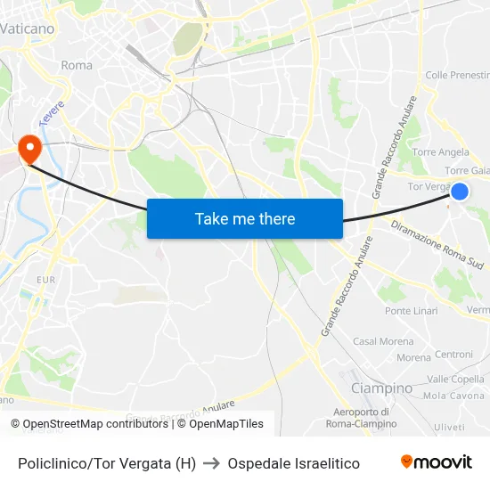 Policlinico/Tor Vergata Hospital to Israelitic Hospital map