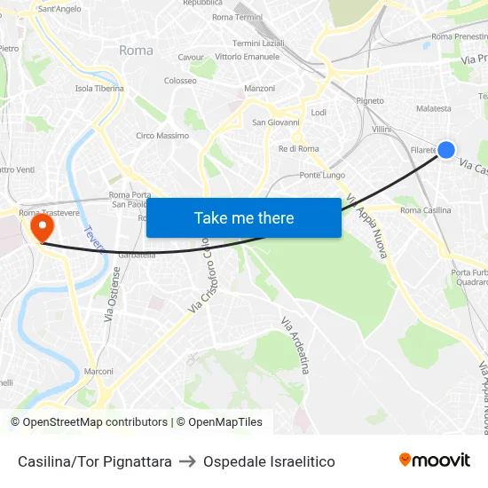 Casilina/Tor Pignattara to Ospedale Israelitico map