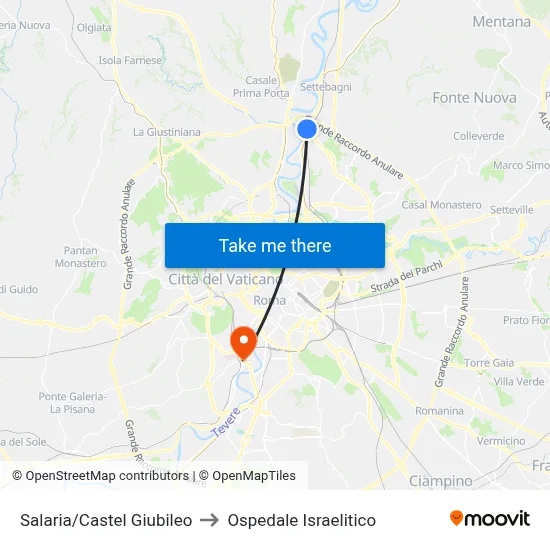 Salaria/Castel Giubileo to Ospedale Israelitico map