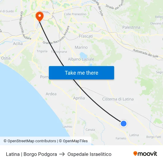 Latina | Borgo Podgora to Ospedale Israelitico map
