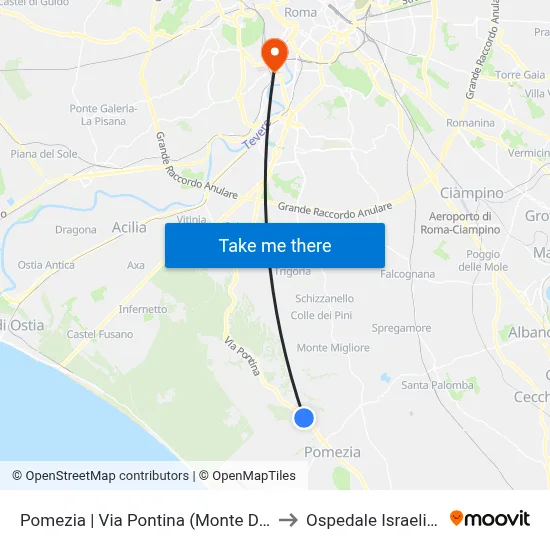 Pomezia | Pontina Street (Monte D'Oro) to Israelitic Hospital map