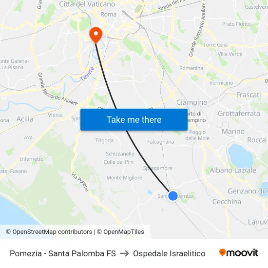 Pomezia - Santa Palomba Railway Station to Israelitic Hospital map