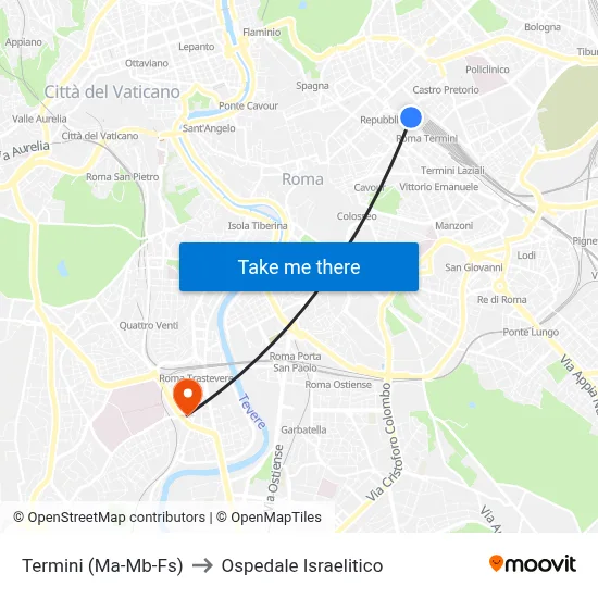 Termini (Metro A-Metro B-Railway) to Israelitic Hospital map