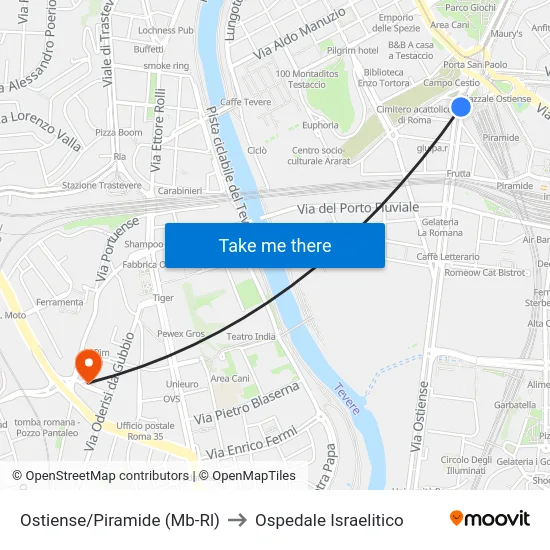 Ostiense/Piramide (Mb-Rl) to Ospedale Israelitico map