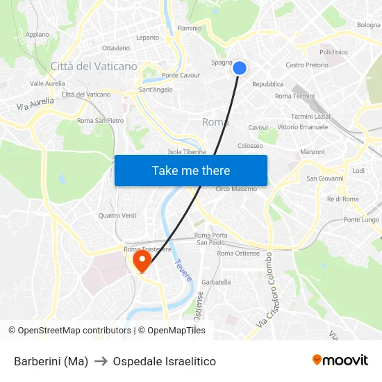 Barberini (Ma) to Ospedale Israelitico map