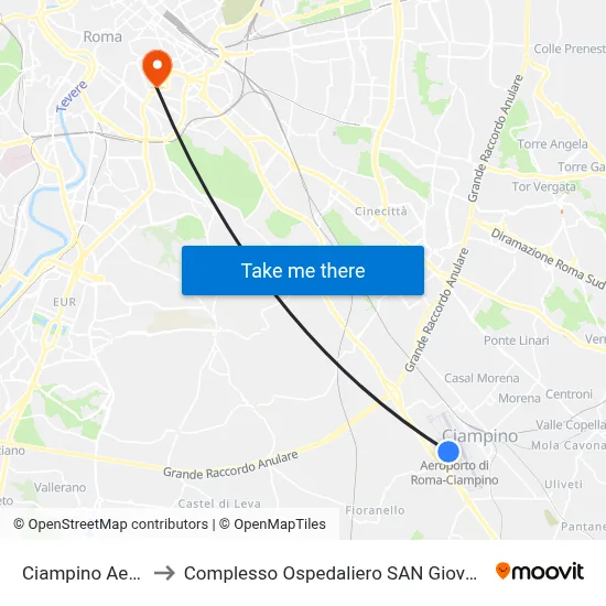 Ciampino Airport to San Giovanni Addolorata Hospital Complex map