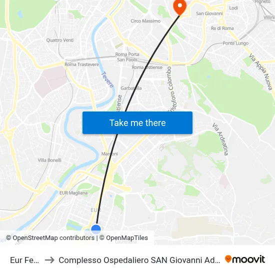 Eur Fermi to San Giovanni Addolorata Hospital Complex map