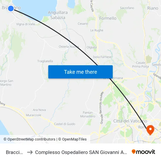 Bracciano to Complesso Ospedaliero SAN Giovanni Addolorata map