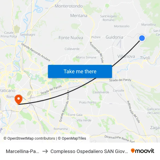 Marcellina-Palombara to San Giovanni Addolorata Hospital Complex map